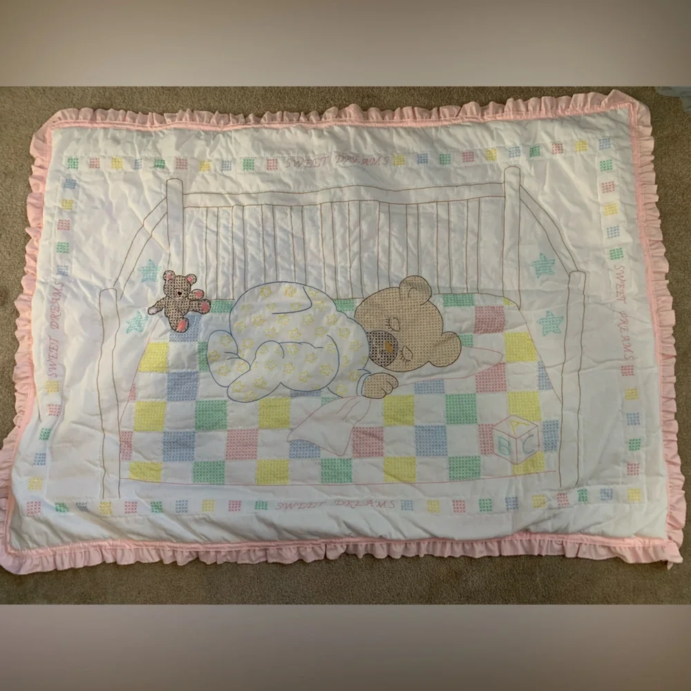 Homemade Pink and White Baby Quilt with Bear Design